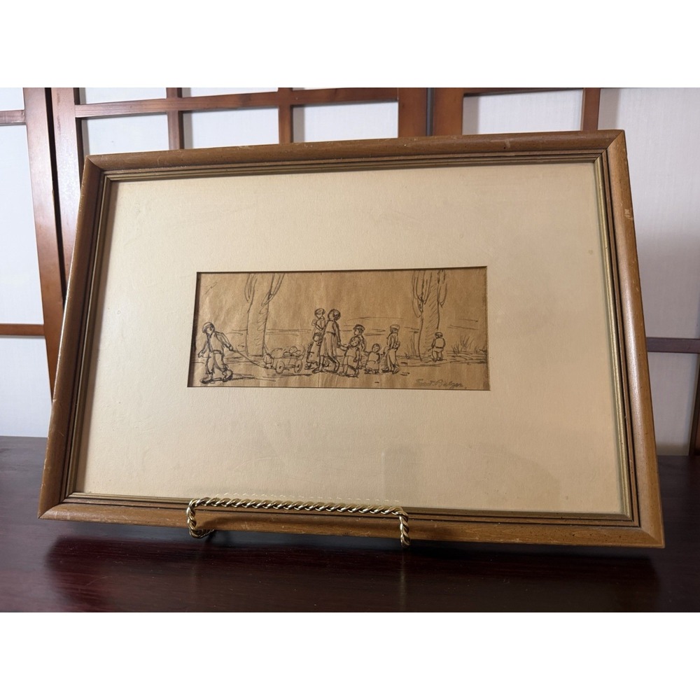 Ferd Balzar Pencil Sketch Horizontal Artisan Sketch Artwork Children Vtg Framed